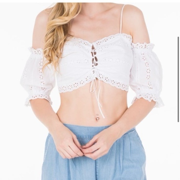 GUESS USA white eyelet‎ tie corset ruffle cropped off shoulder top - Picture 1 of 9